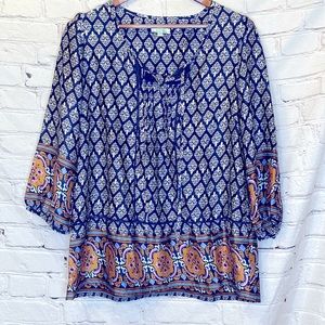 Jade Melody Tam Blue & White Tunic Tassel Tie Top Size Large Excellent Condition